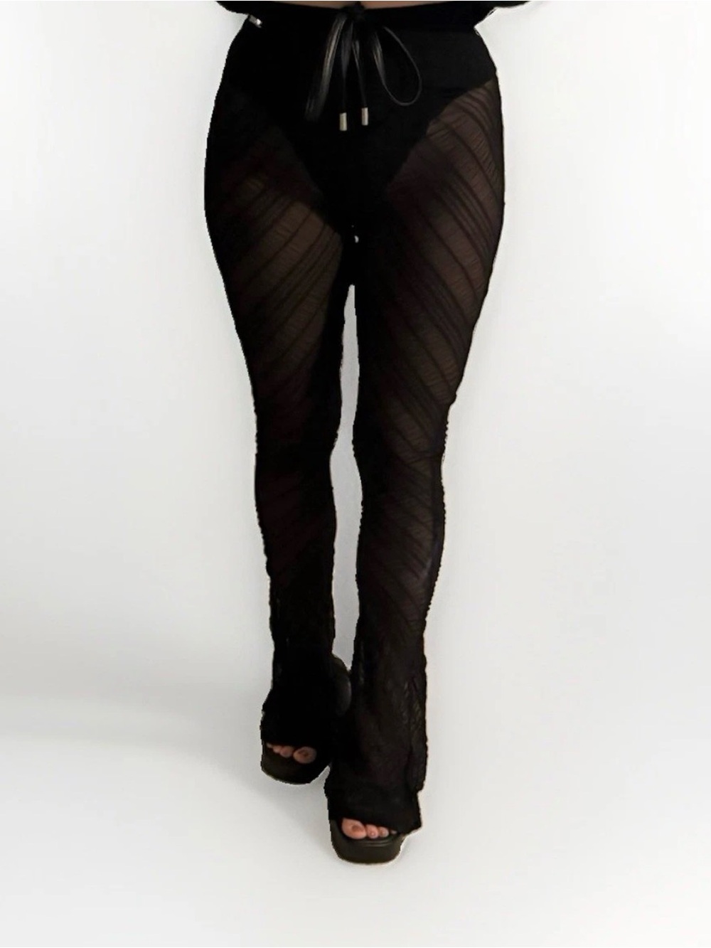 Maniere De Voir Womens Black Size 4 Sheer Ruched Flare Stretch Pants